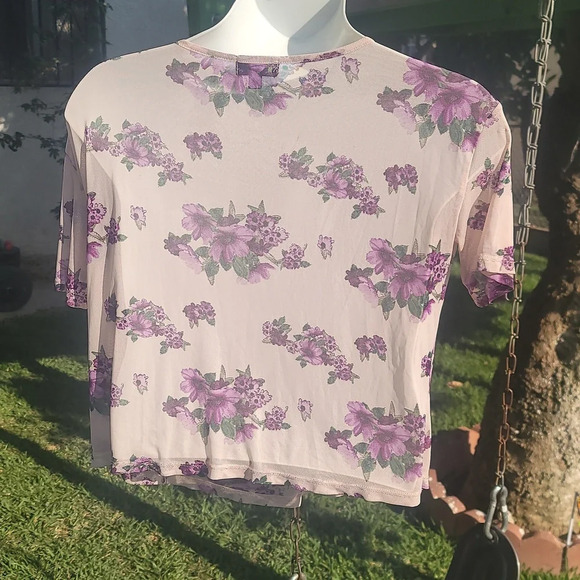 J for justify purple sheer mesh crop top short sleeve stretch blouse medium - Picture 5 of 5
